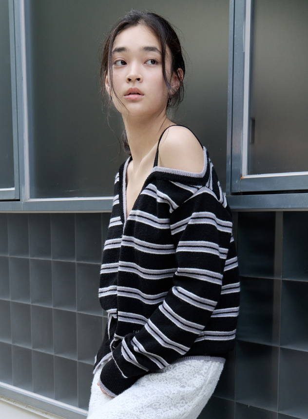 One Off Shoulder Stripe Cardigan Black