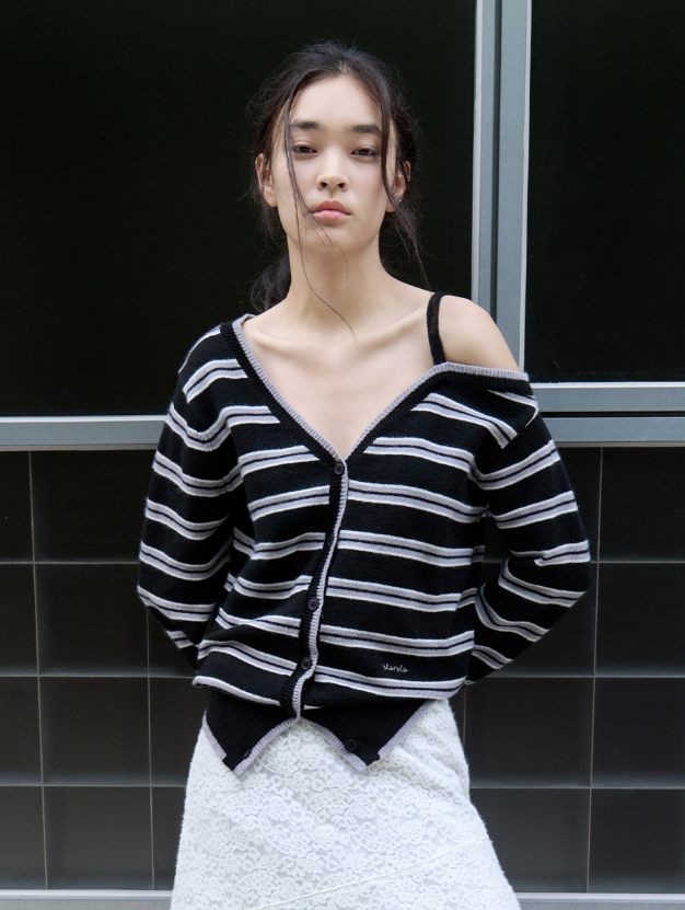 One Off Shoulder Stripe Cardigan Black