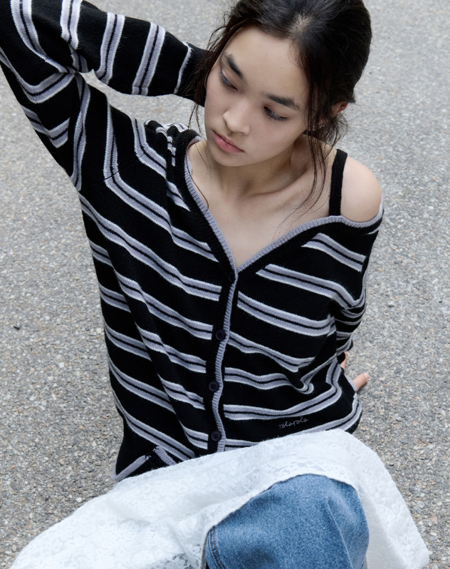 One Off Shoulder Stripe Cardigan Black