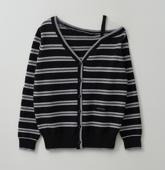 One Off Shoulder Stripe Cardigan Black