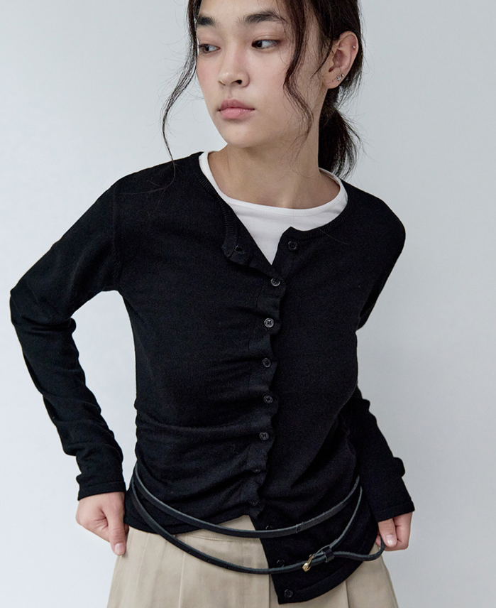 Shirring Button Unbalance Cardigan Black