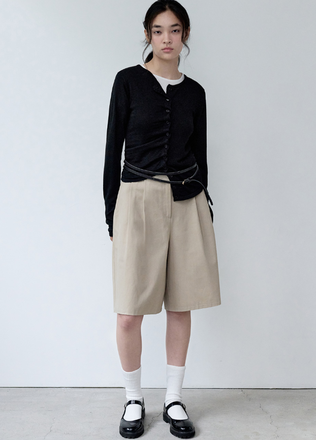 Shirring Button Unbalance Cardigan Black