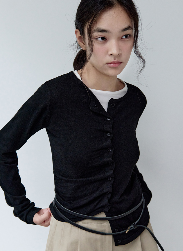 Shirring Button Unbalance Cardigan Black