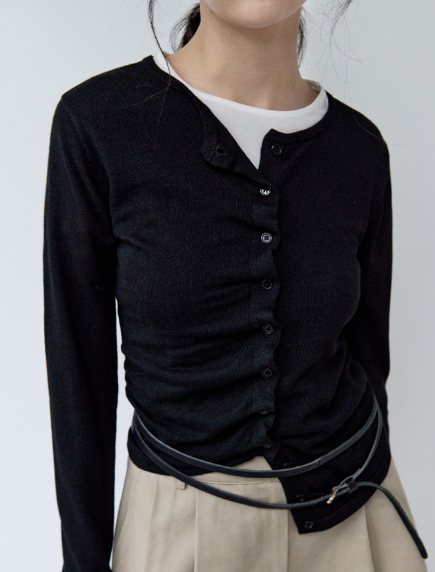 Shirring Button Unbalance Cardigan Black