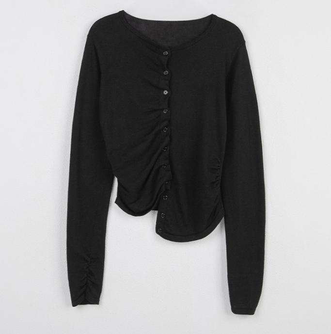 Shirring Button Unbalance Cardigan Black