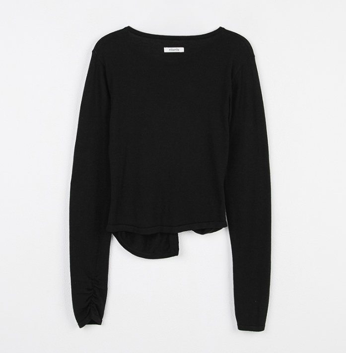 Shirring Button Unbalance Cardigan Black