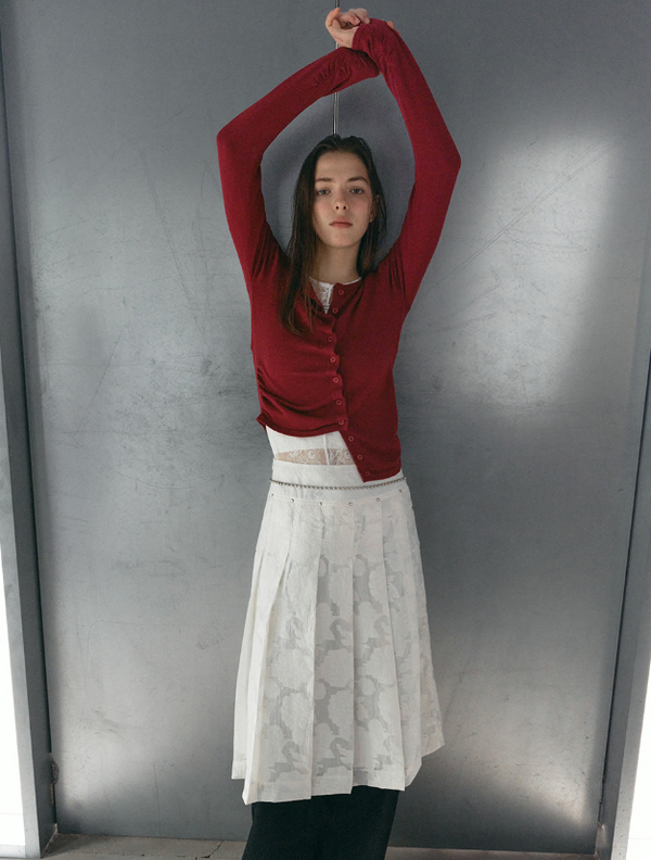 Shirring Button Unbalance Cardigan Red