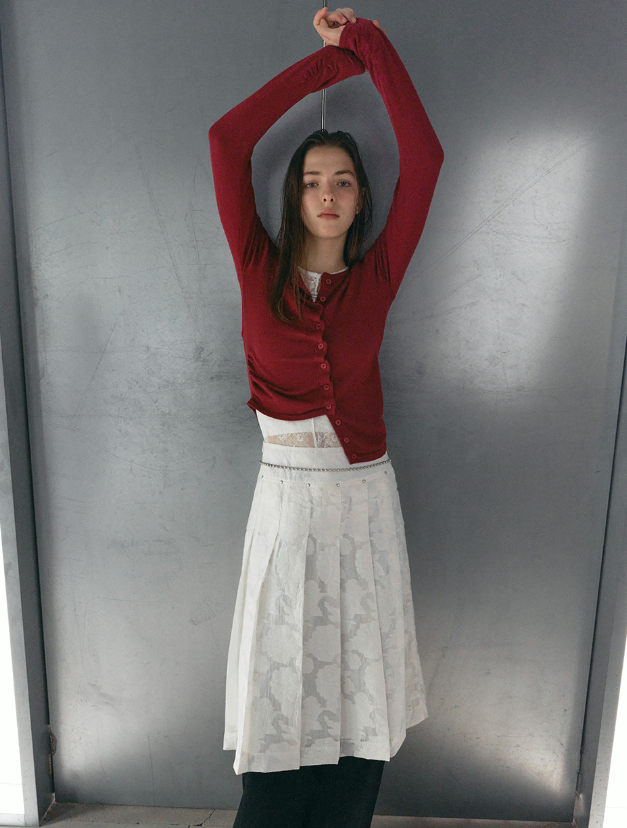 Shirring Button Unbalance Cardigan Red