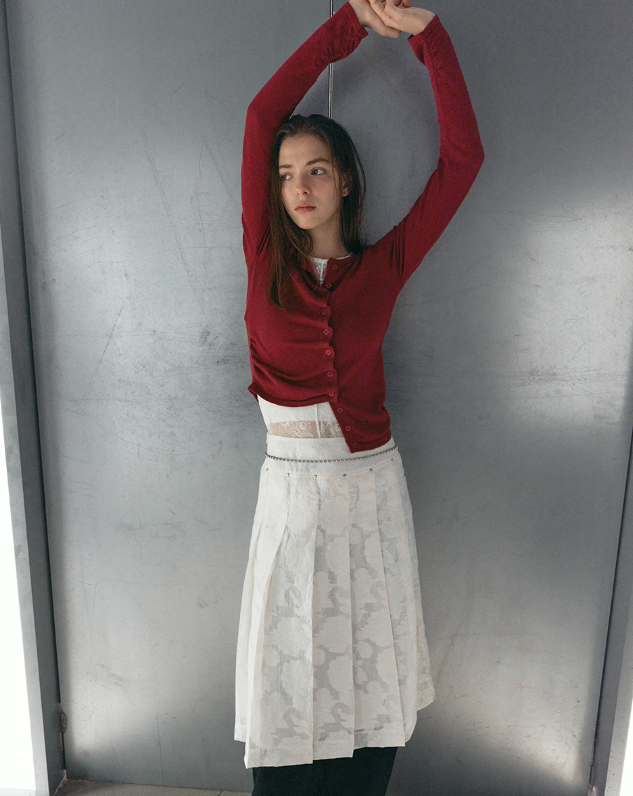 Shirring Button Unbalance Cardigan Red