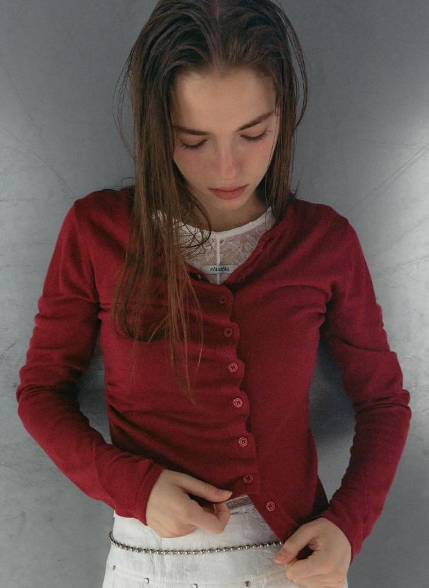 Shirring Button Unbalance Cardigan Red