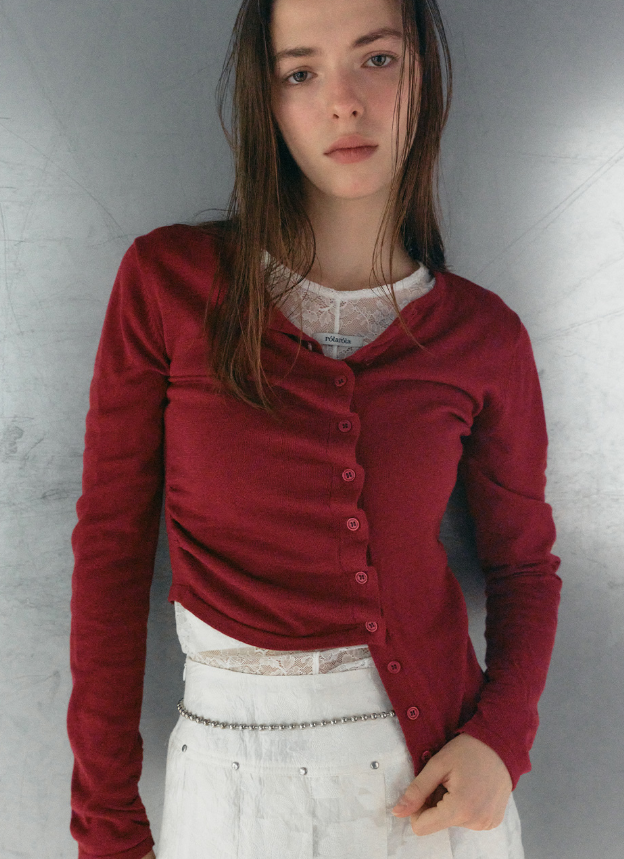 Shirring Button Unbalance Cardigan Red