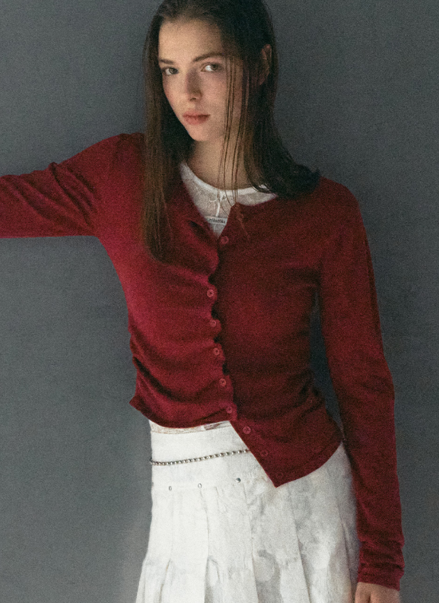 Shirring Button Unbalance Cardigan Red