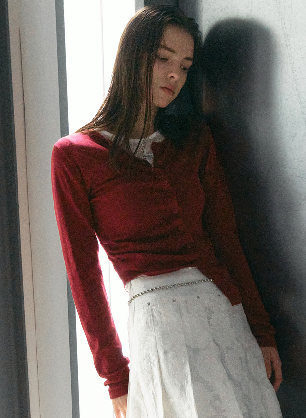 Shirring Button Unbalance Cardigan Red