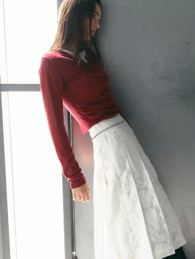 Shirring Button Unbalance Cardigan Red