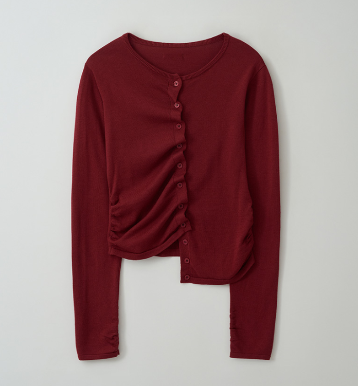 Shirring Button Unbalance Cardigan Red