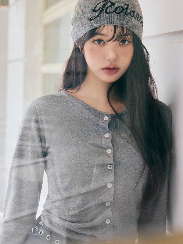 Shirring Button Unbalance Cardigan Grey