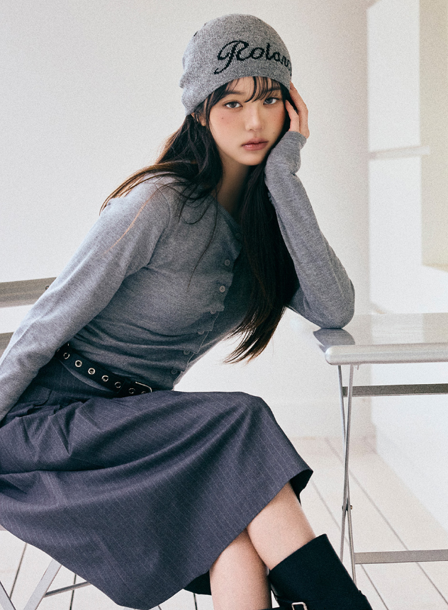 Shirring Button Unbalance Cardigan Grey