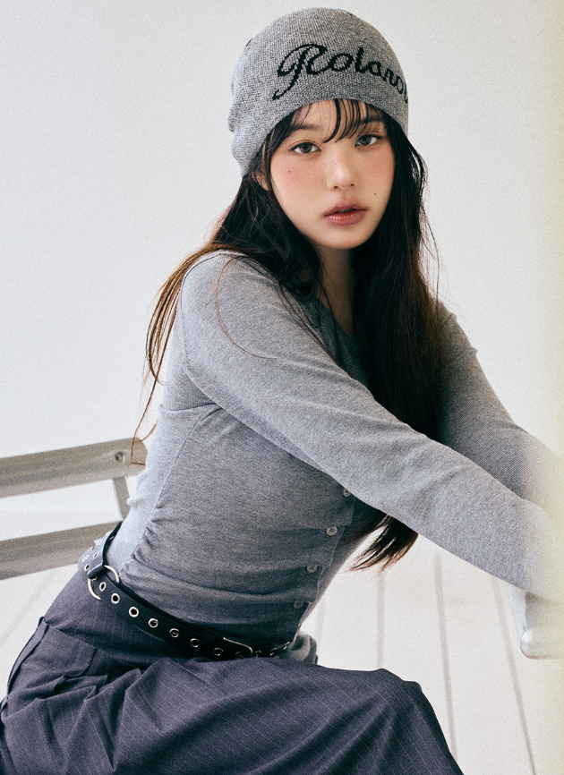 Shirring Button Unbalance Cardigan Grey