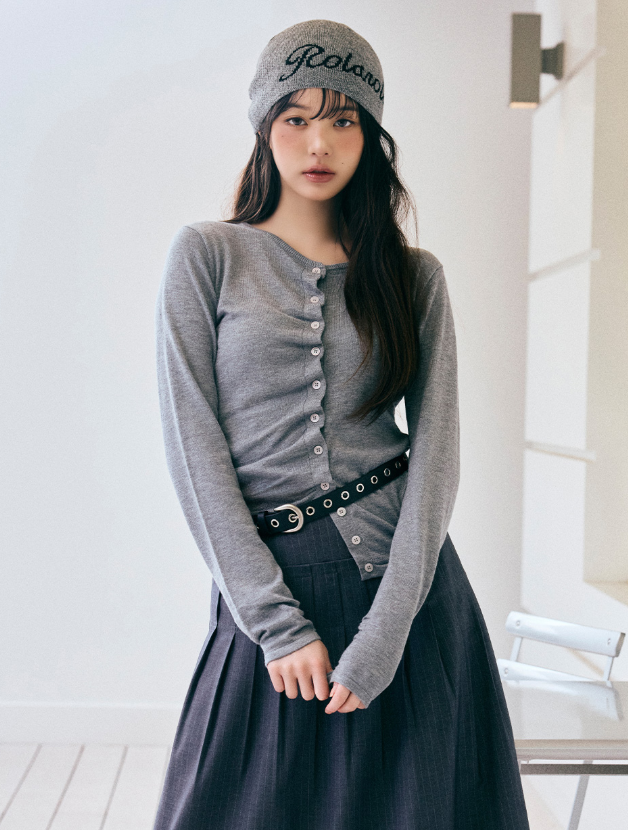 Shirring Button Unbalance Cardigan Grey