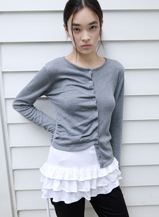 Shirring Button Unbalance Cardigan Grey