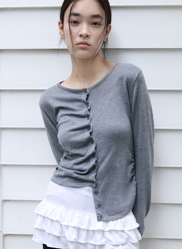Shirring Button Unbalance Cardigan Grey