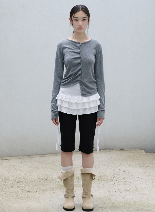 Shirring Button Unbalance Cardigan Grey