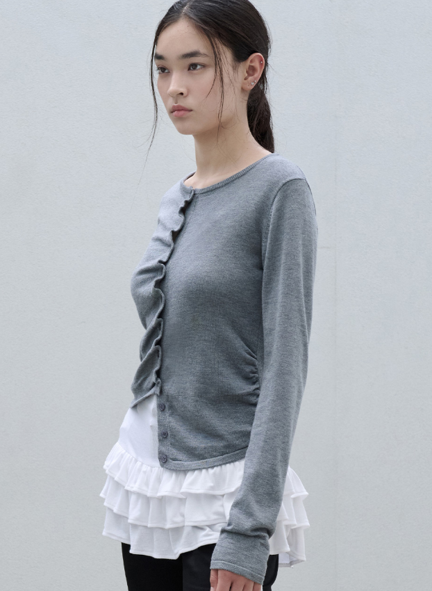 Shirring Button Unbalance Cardigan Grey