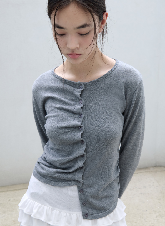 Shirring Button Unbalance Cardigan Grey