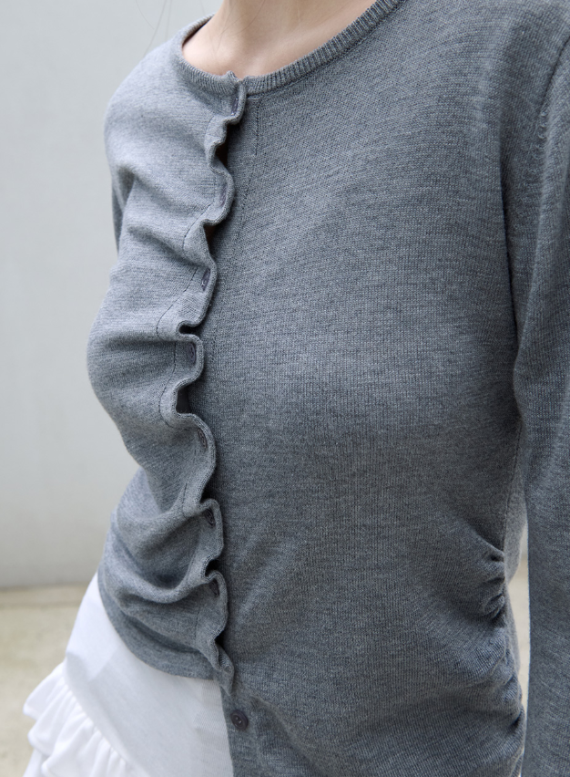 Shirring Button Unbalance Cardigan Grey