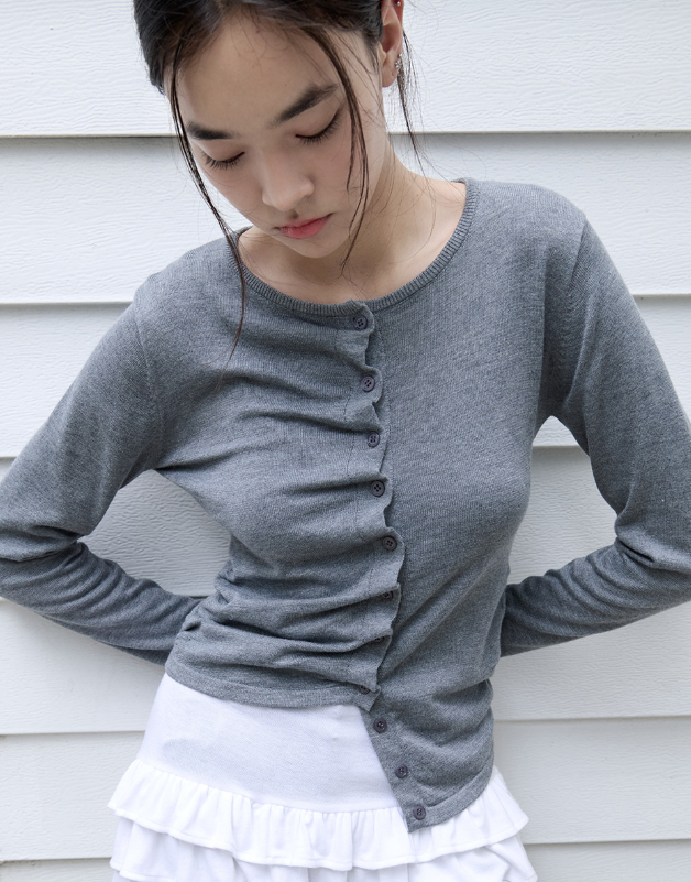 Shirring Button Unbalance Cardigan Grey