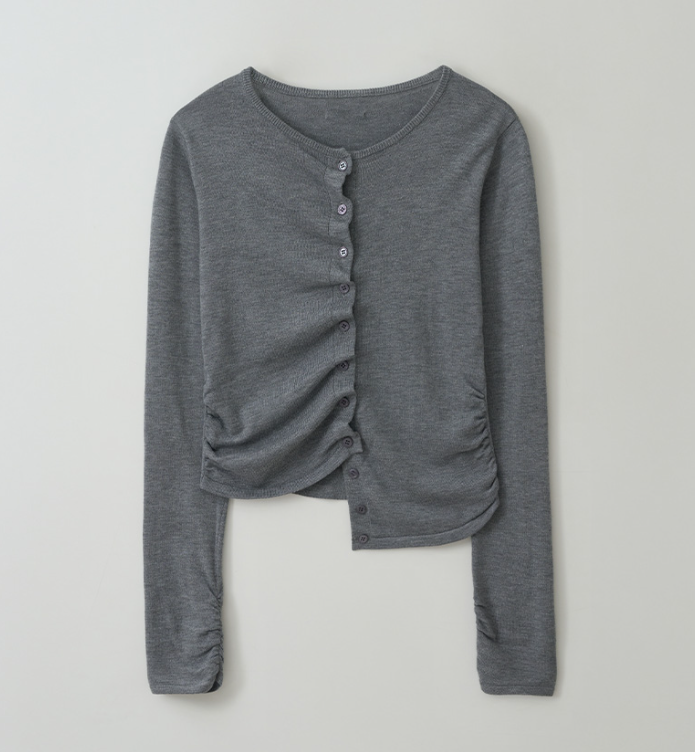 Shirring Button Unbalance Cardigan Grey