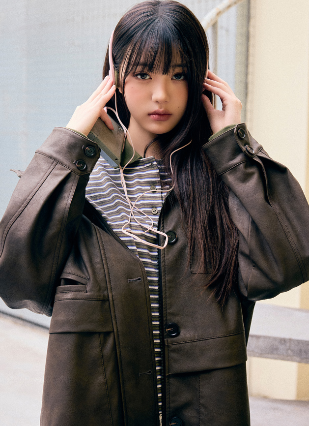 High Neck Leather Jacket Brown