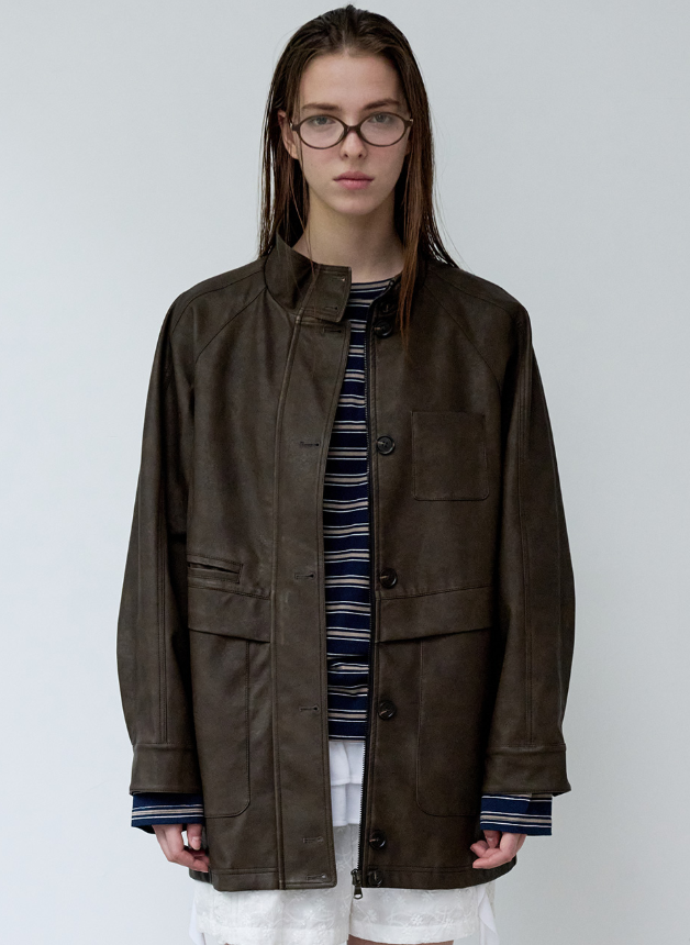 High Neck Leather Jacket Brown