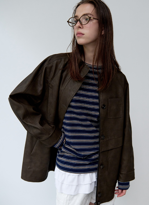 High Neck Leather Jacket Brown