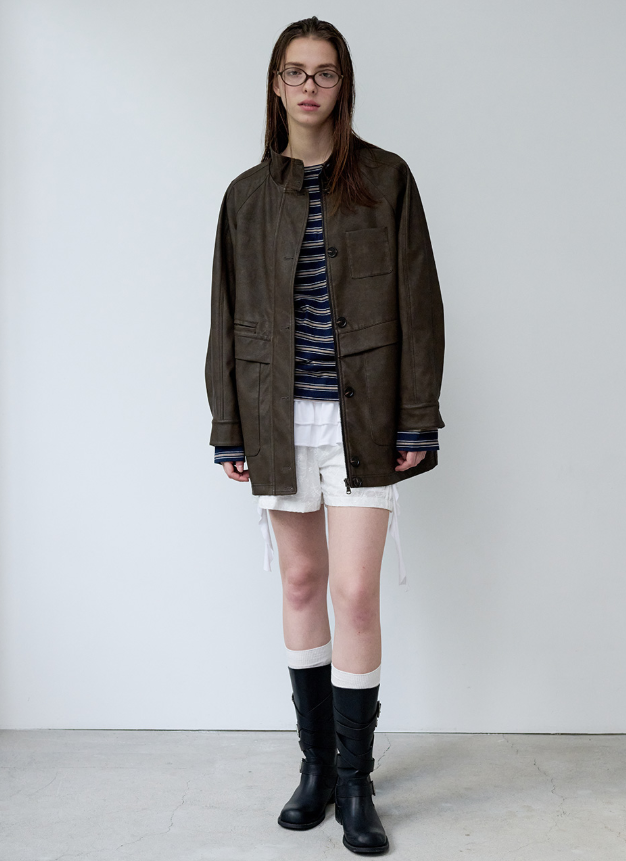 High Neck Leather Jacket Brown