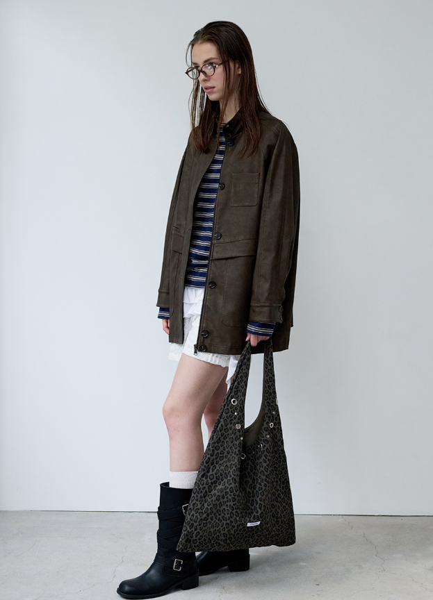 High Neck Leather Jacket Brown