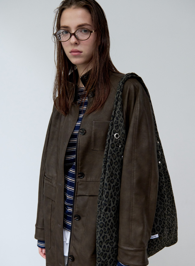 High Neck Leather Jacket Brown