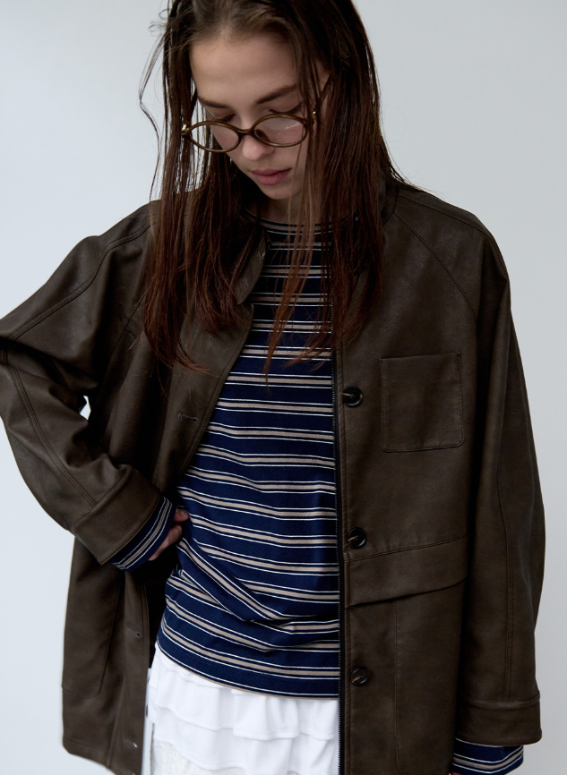 High Neck Leather Jacket Brown