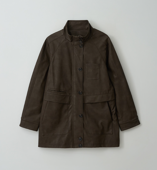 High Neck Leather Jacket Brown