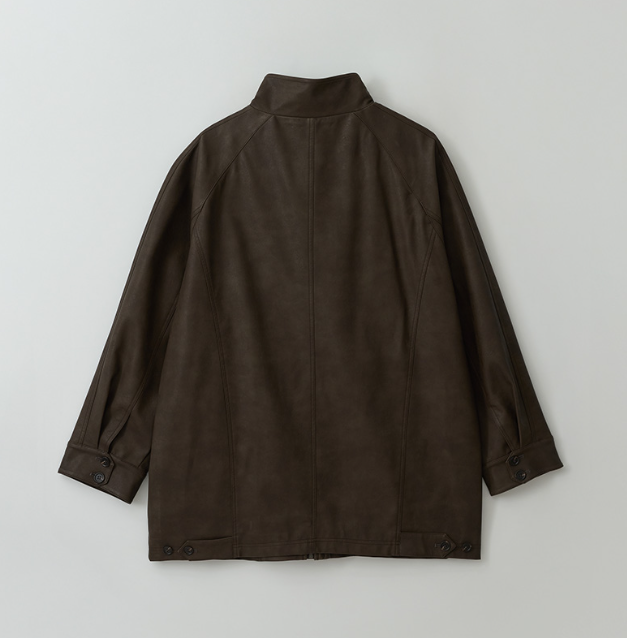 High Neck Leather Jacket Brown