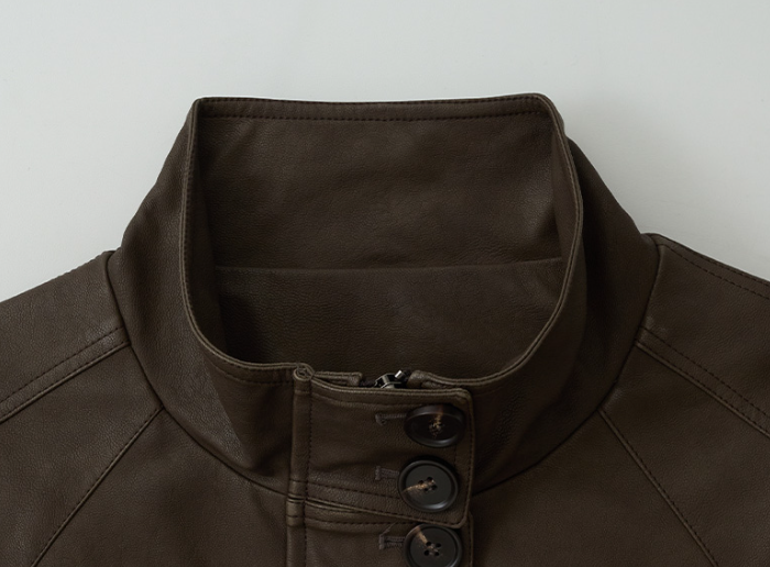 High Neck Leather Jacket Brown