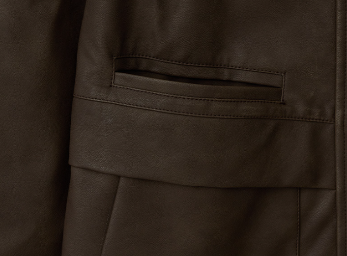 High Neck Leather Jacket Brown