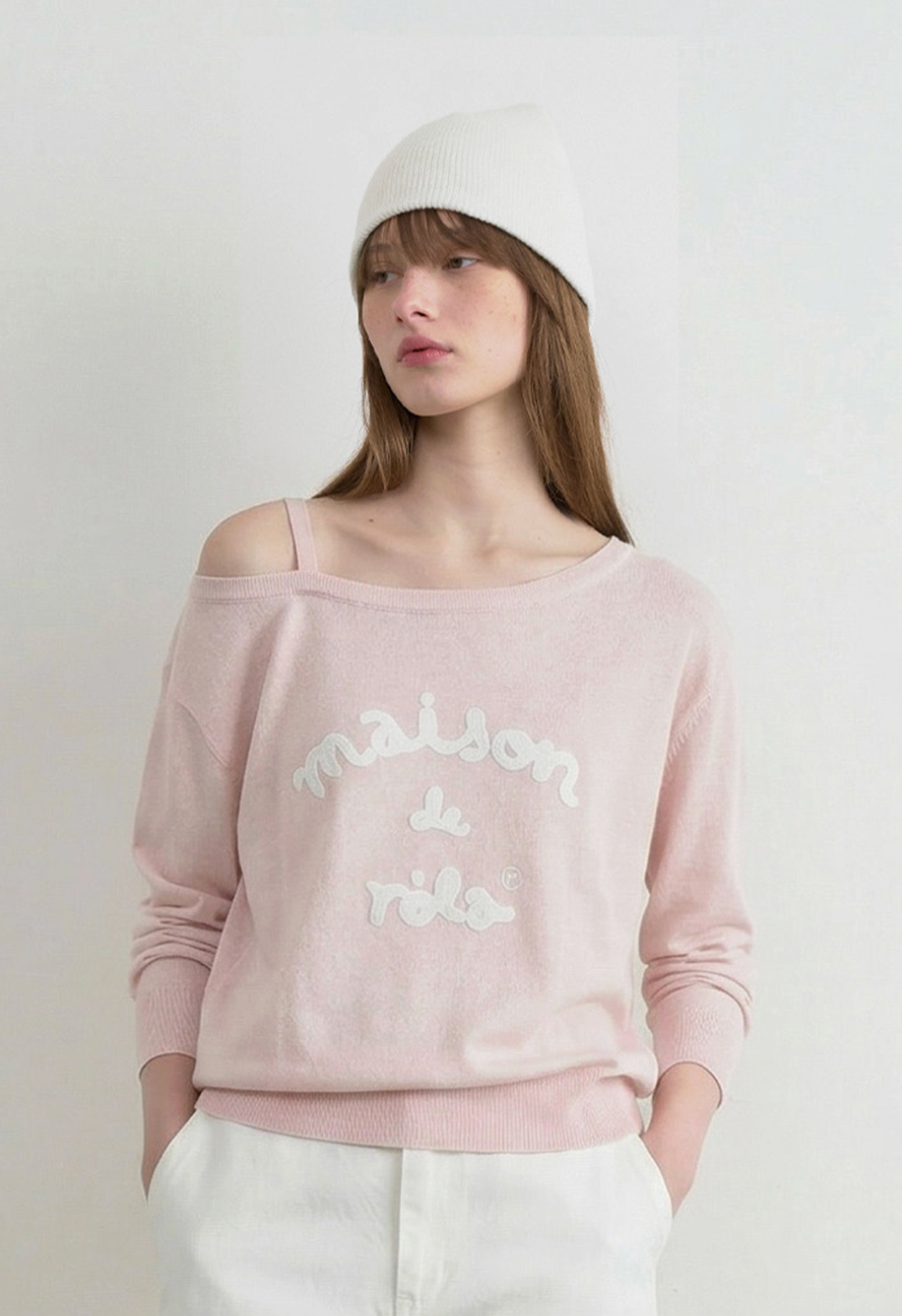 Maison De Rola Embroidery Off Shoulder Knit Pink | Rola Rola | Couturist