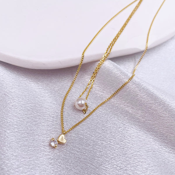 Heart and Rhinestone Chain and Single Pearl Necklace Set