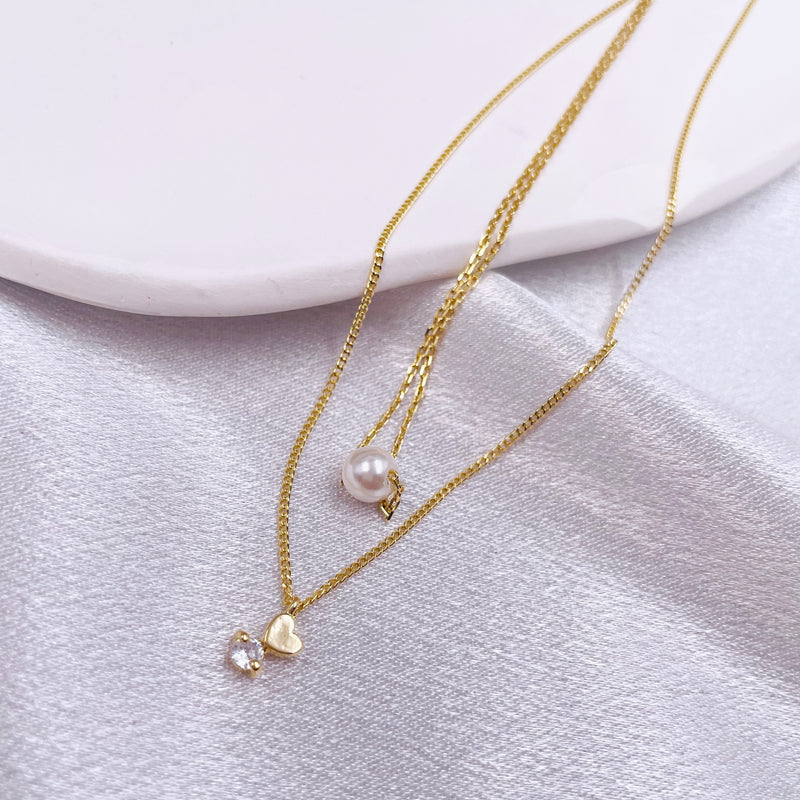 Heart and Rhinestone Chain and Single Pearl Necklace Set