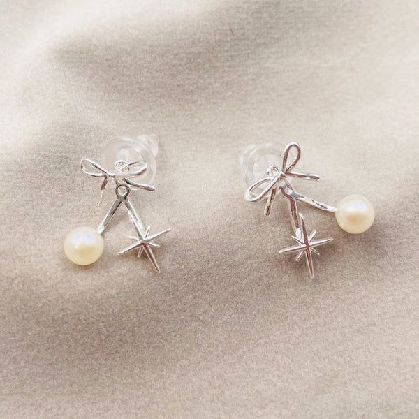 Metal Bow with Pearl and Star Earrings