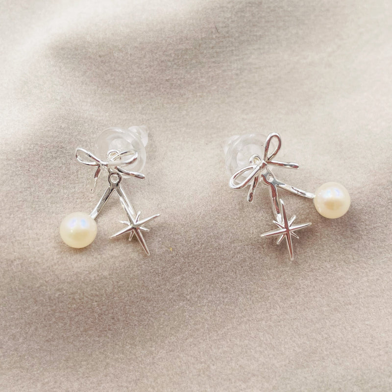 Metal Bow with Pearl and Star Earrings