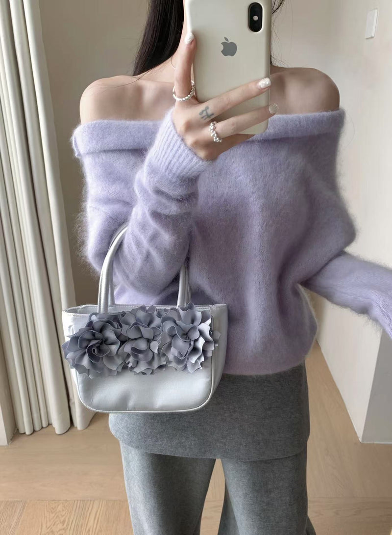 Fold Over Off Shoulder Wool Sweater