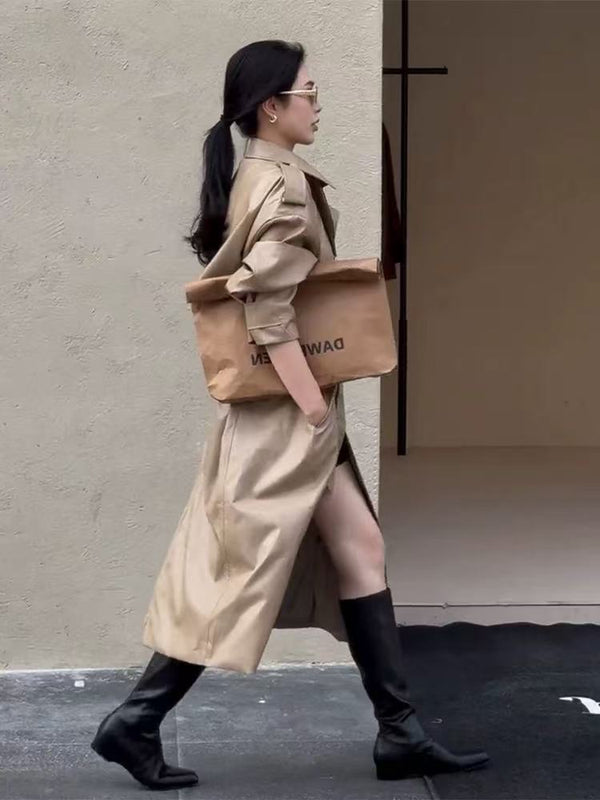 Shiny Long Trench Coat with Contrasting Cuff