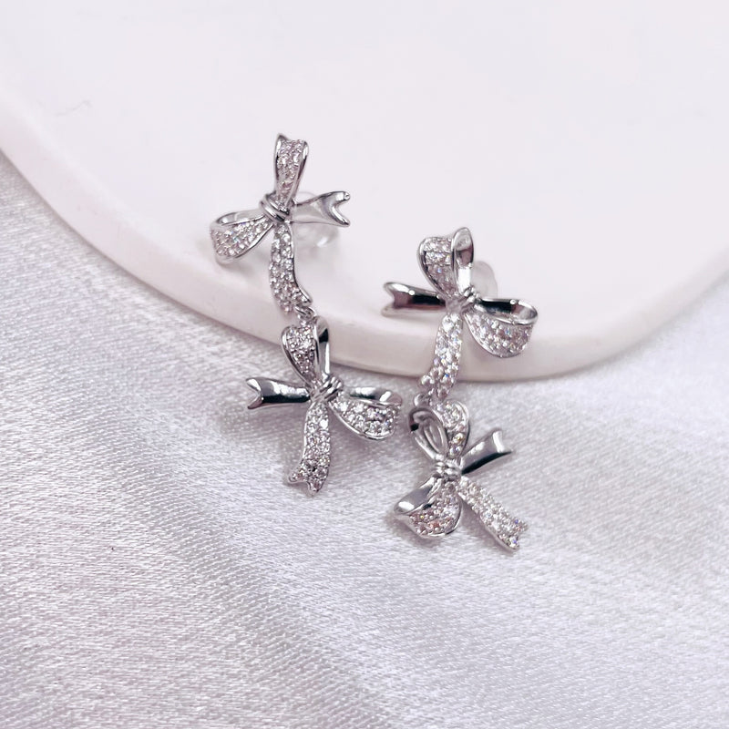 Double Rhinestone Bows Long Earrings